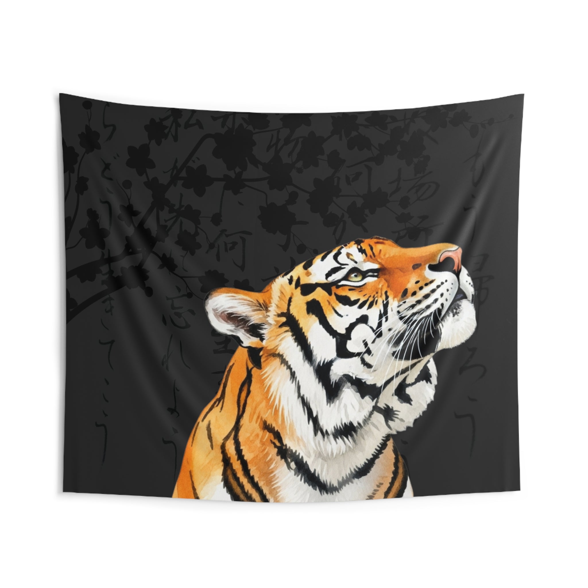 Japanese tiger tapestry with black cherry blossom tree and kanji writing on dark background