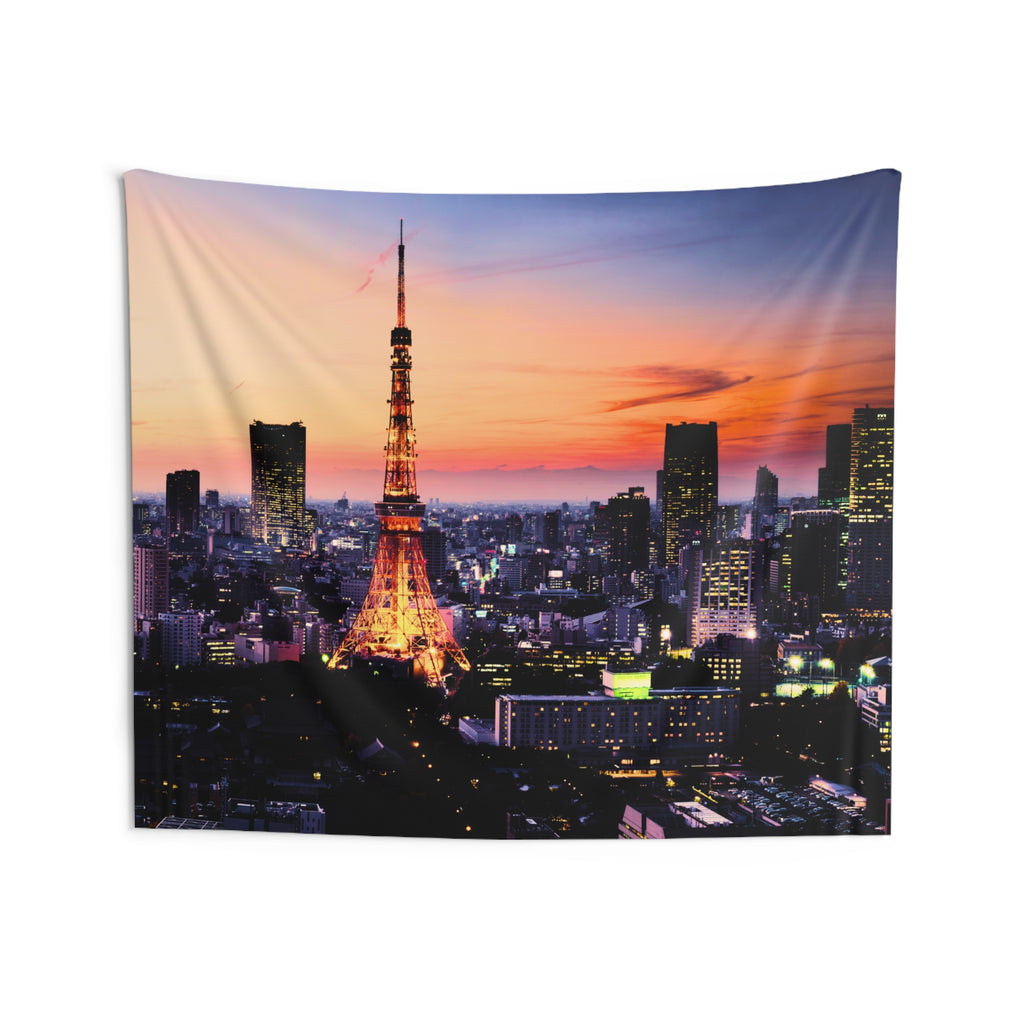 Tokyo Tower tapestry at dusk with saturated sunset colors and dark city buildings