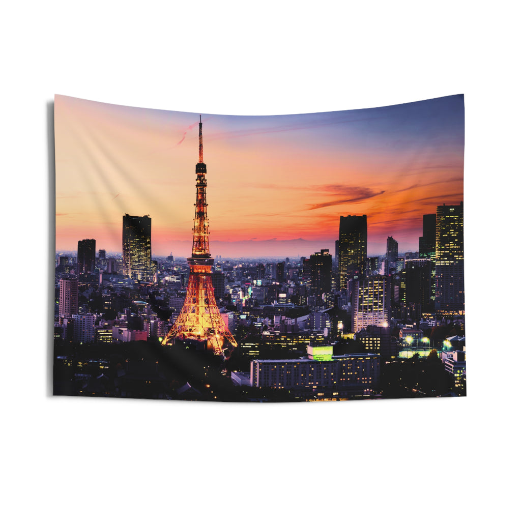 Tokyo skyline wall tapestry with neon lights and moody noir atmosphere