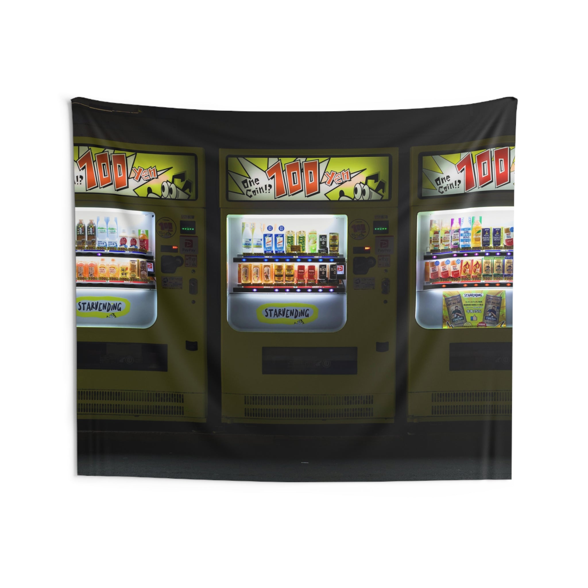Three vintage-style vending machines with colorful displays on a black background