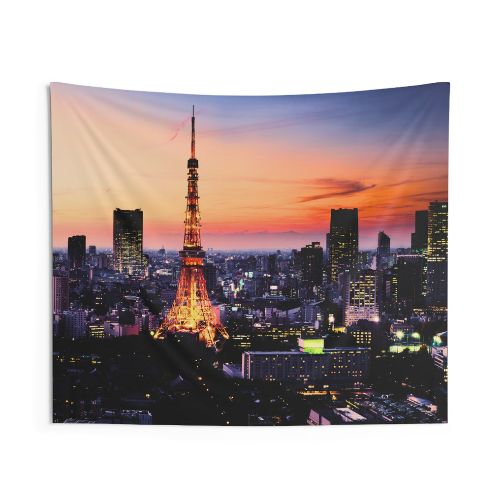 Japanese city tapestry featuring Tokyo Tower glowing at night