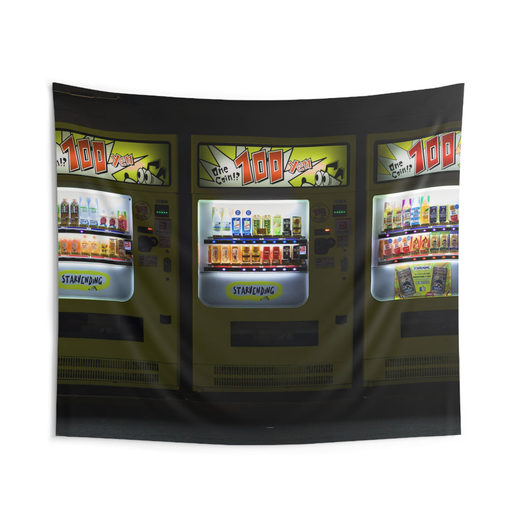 Tokyo vending machine tapestry glowing at night with dark noir atmosphere