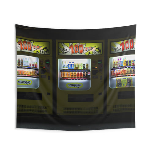 Tokyo vending machine tapestry glowing at night with dark noir atmosphere